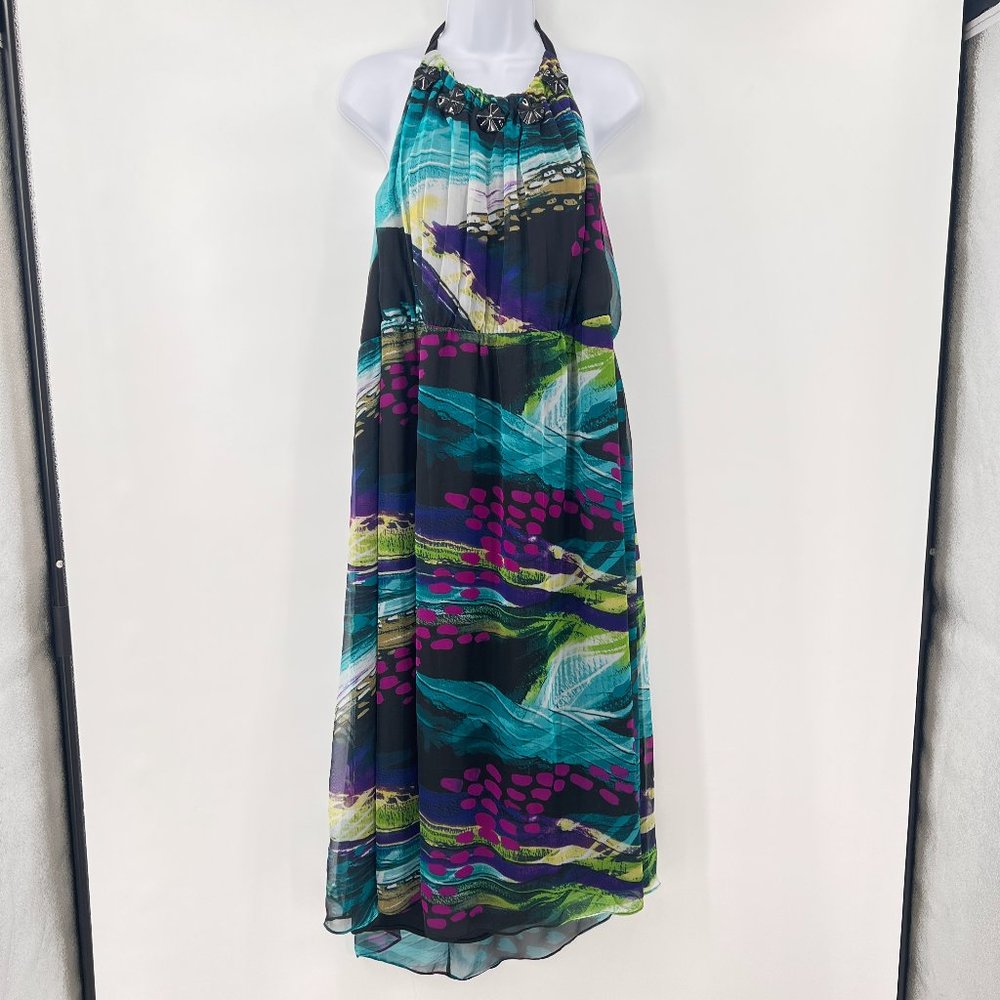 Lane Bryant Teal Purple Green Black Halter Backless Maxi Dress